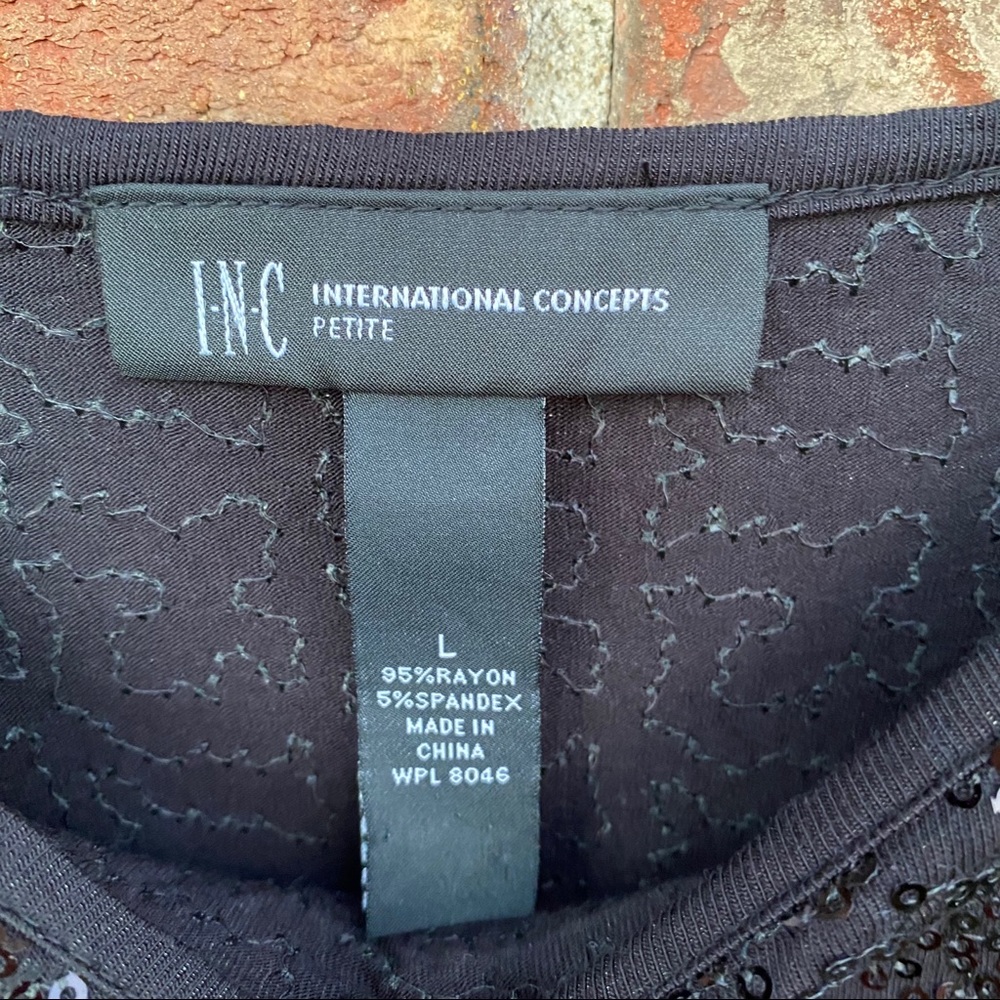 NEW INC Black Nostalgia Sequined Top L Petite - Picture 3 of 6